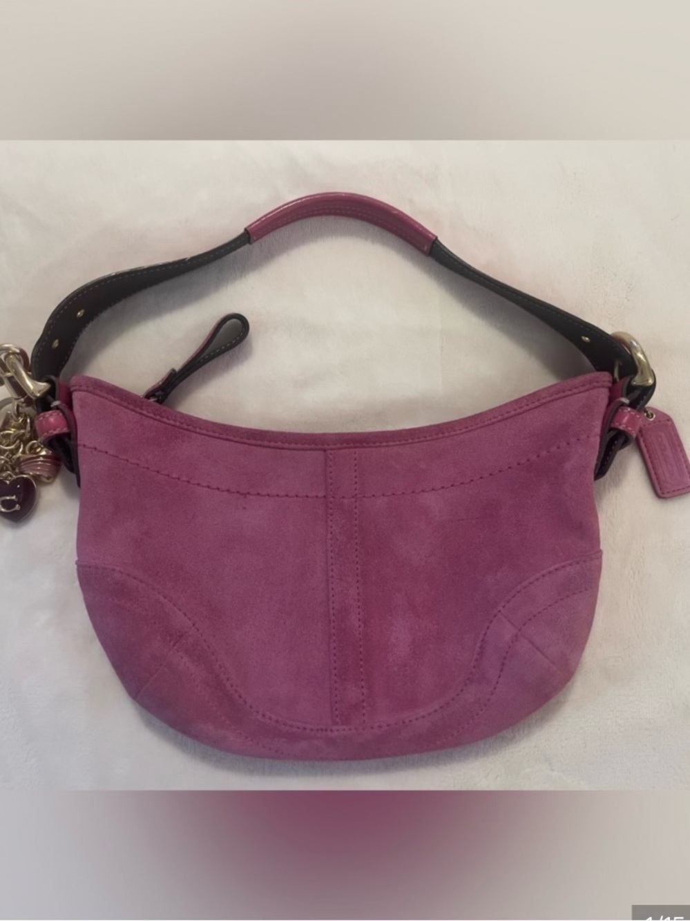 Coach Plum Suede Shoulder Bag with Black Strap and Gold Hardware